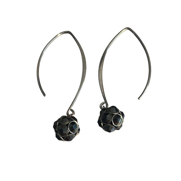 Gunmetal Modern Hoop Earrings Black Glass Faceted Rhinestone Bead Bauble 2.25" - Picture 1 of 4